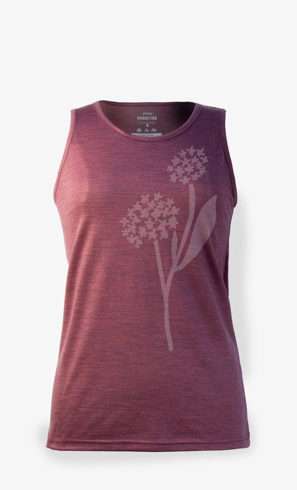 Camisole Terra Rosa en laine mérinos ultra légère pour femme, coupe féminine, imprimé nature.