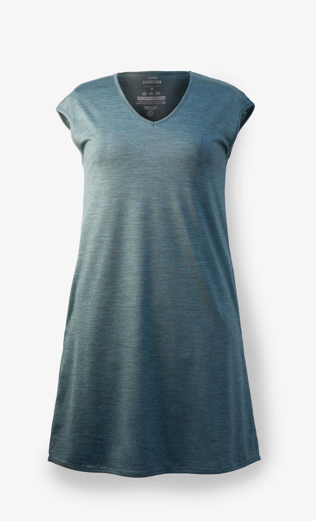 Robe mérinos vert chiné pour femme, légère, respirante, avec poches, idéale pour le voyage. Fabriquée au Canada.