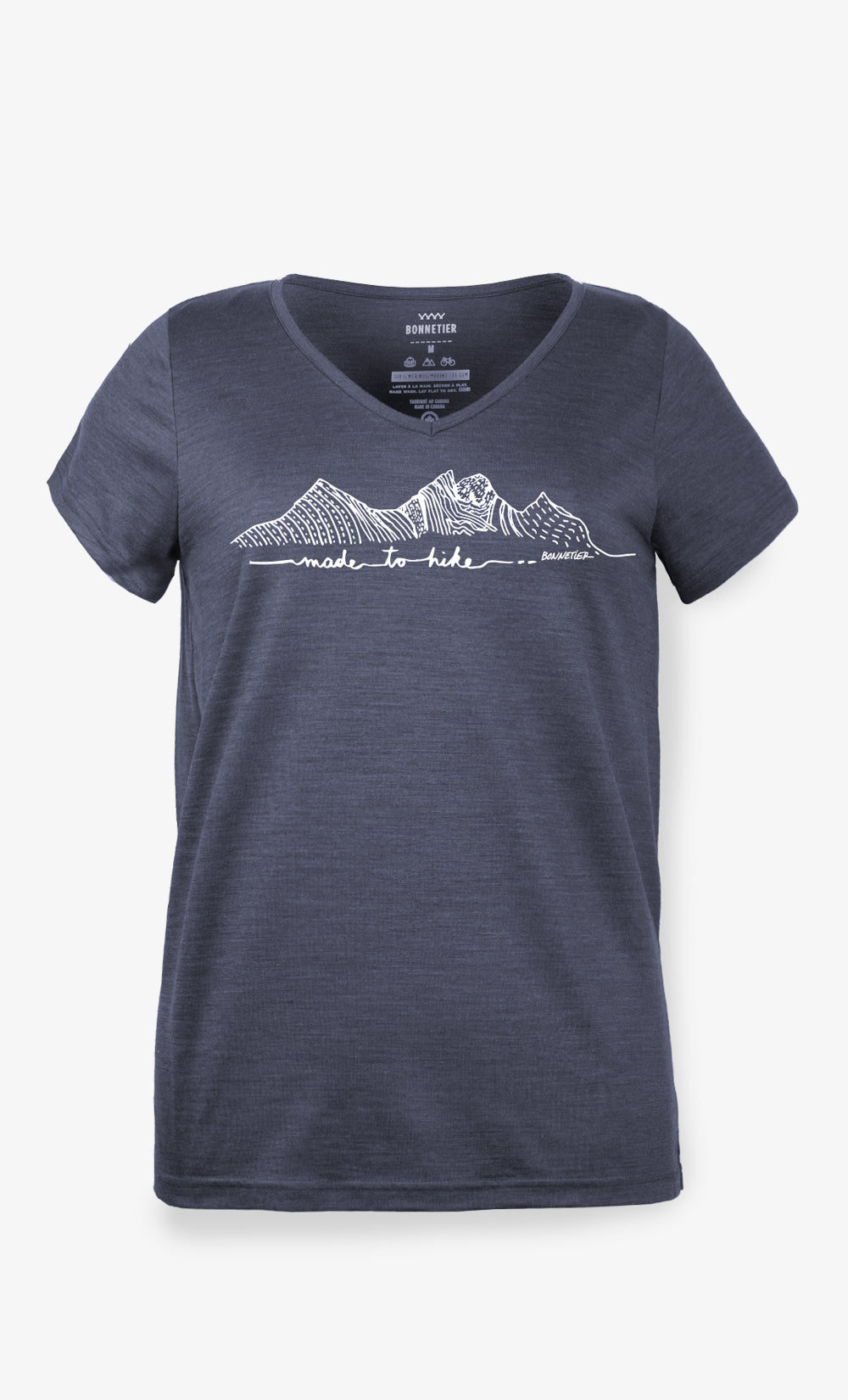 T-shirt mérinos col V femme couleur charbon chiné imprimé Made To Hike BONNETIER