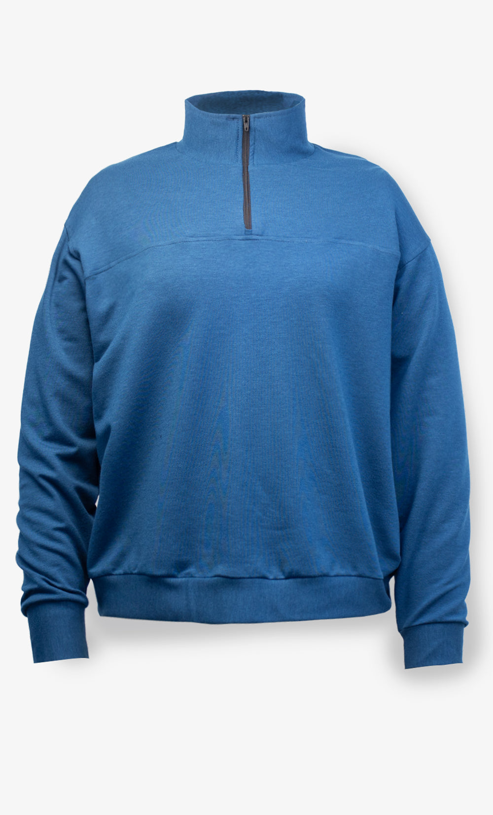 Chandail femme turquoise BONNETIER, col demi-zip, en tissu French Terry doux et écoresponsable.