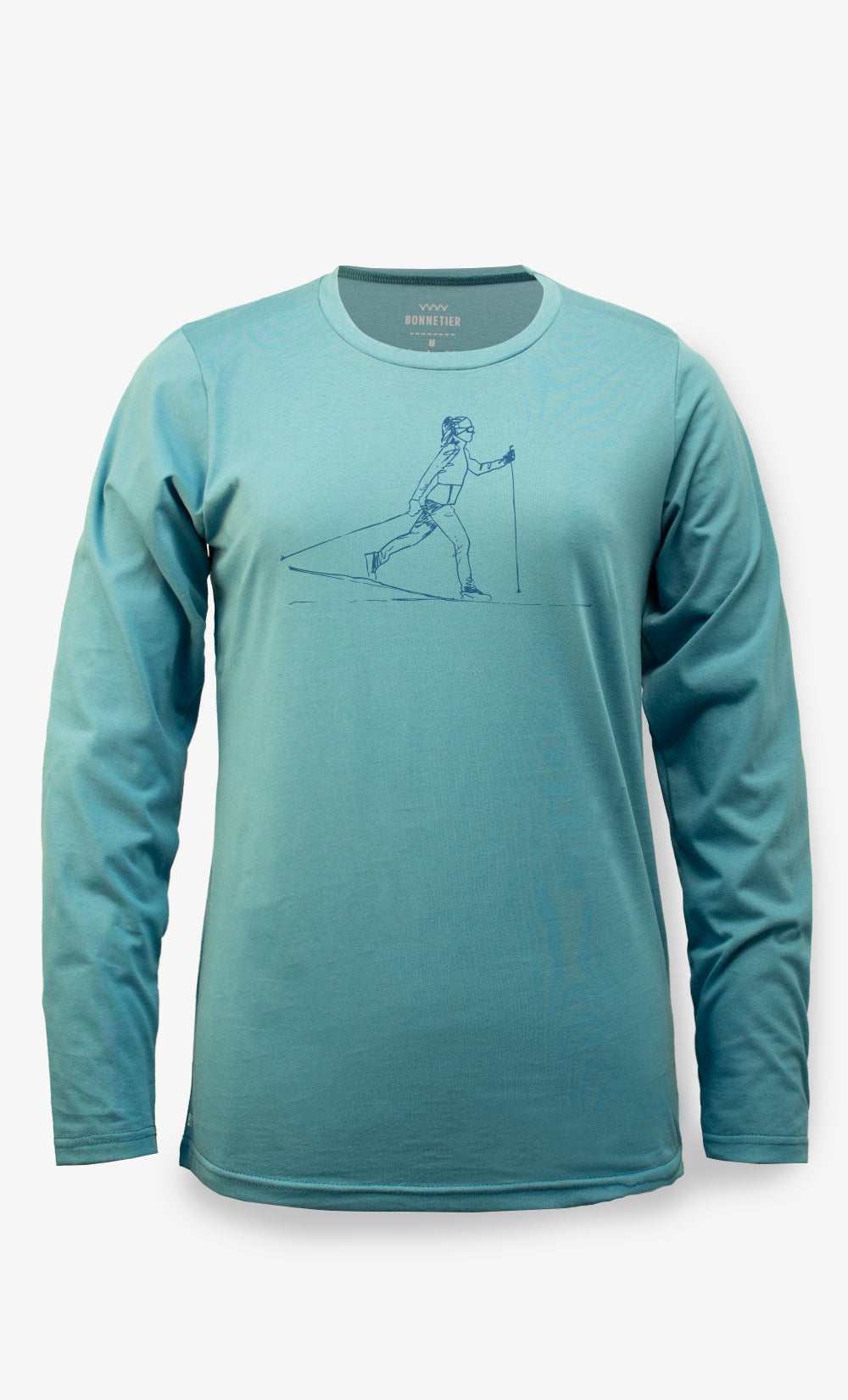 Manches longues Flex Pro turquoise pour femme en coton biologique avec imprimé Ski, fabriqué au Canada par BONNETIER.