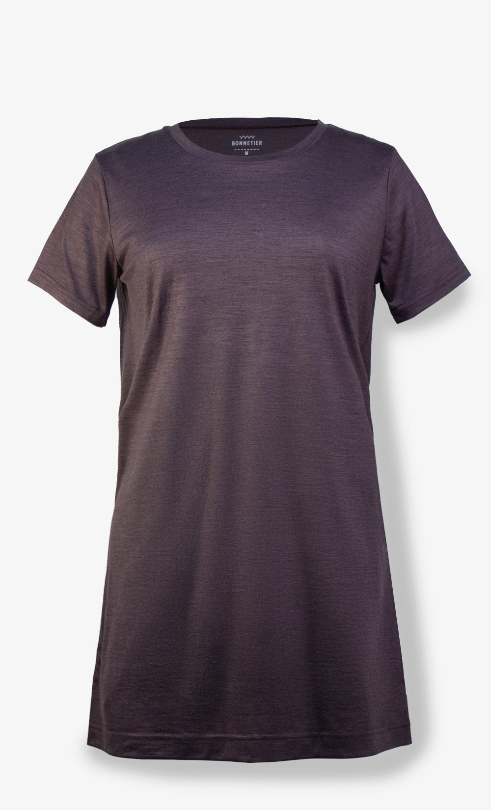 Robe en laine de mérinos ultra légère pour femme couleur aubergine chiné Bonnetier fabriquée au Canada.
