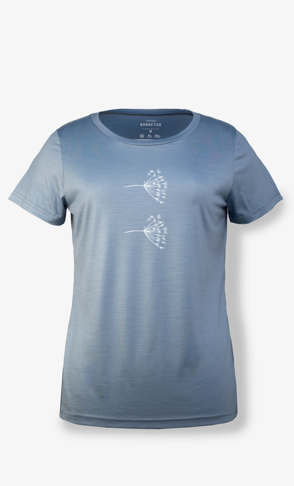 T-shirt femme en laine de mérinos bleu dauphin avec imprimé deux pissenlits BONNETIER
