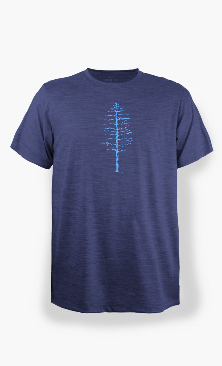 T-shirt mérinos homme bleu nuit ultra léger avec imprimé shacky tree, idéal pour le voyage, la randonnée et le quotidien. Confortable, respirant et durable.