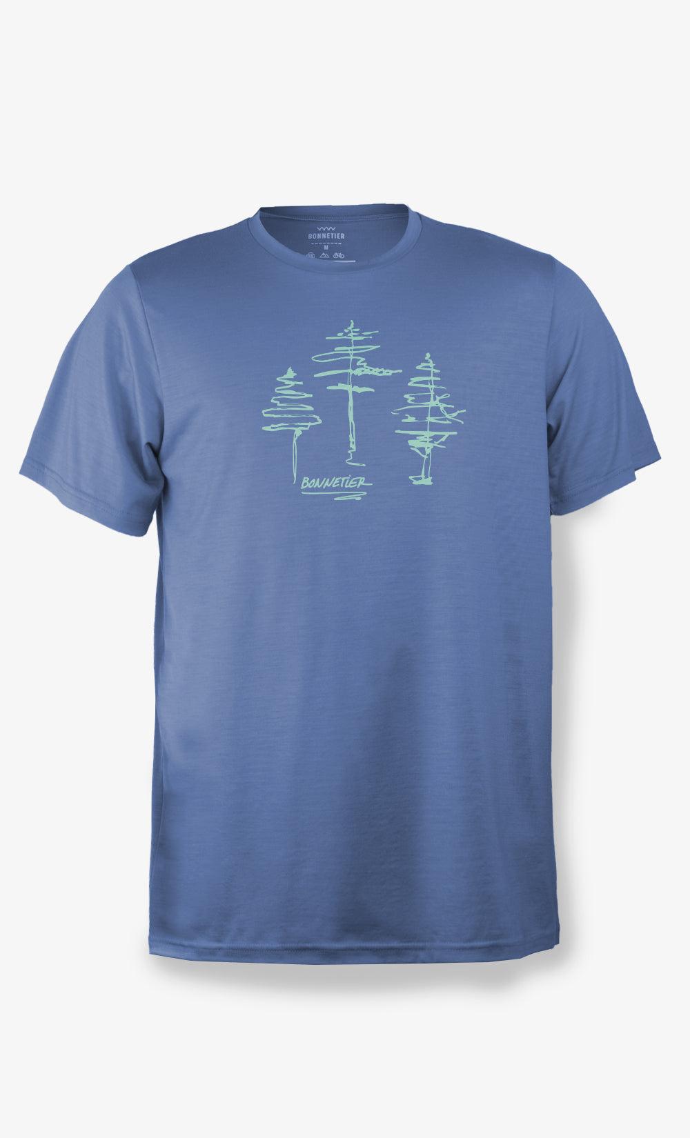 T-shirt en laine mérinos bleu pour homme, imprimé Trois Arbres, léger et respirant, idéal pour le plein air et les voyages.