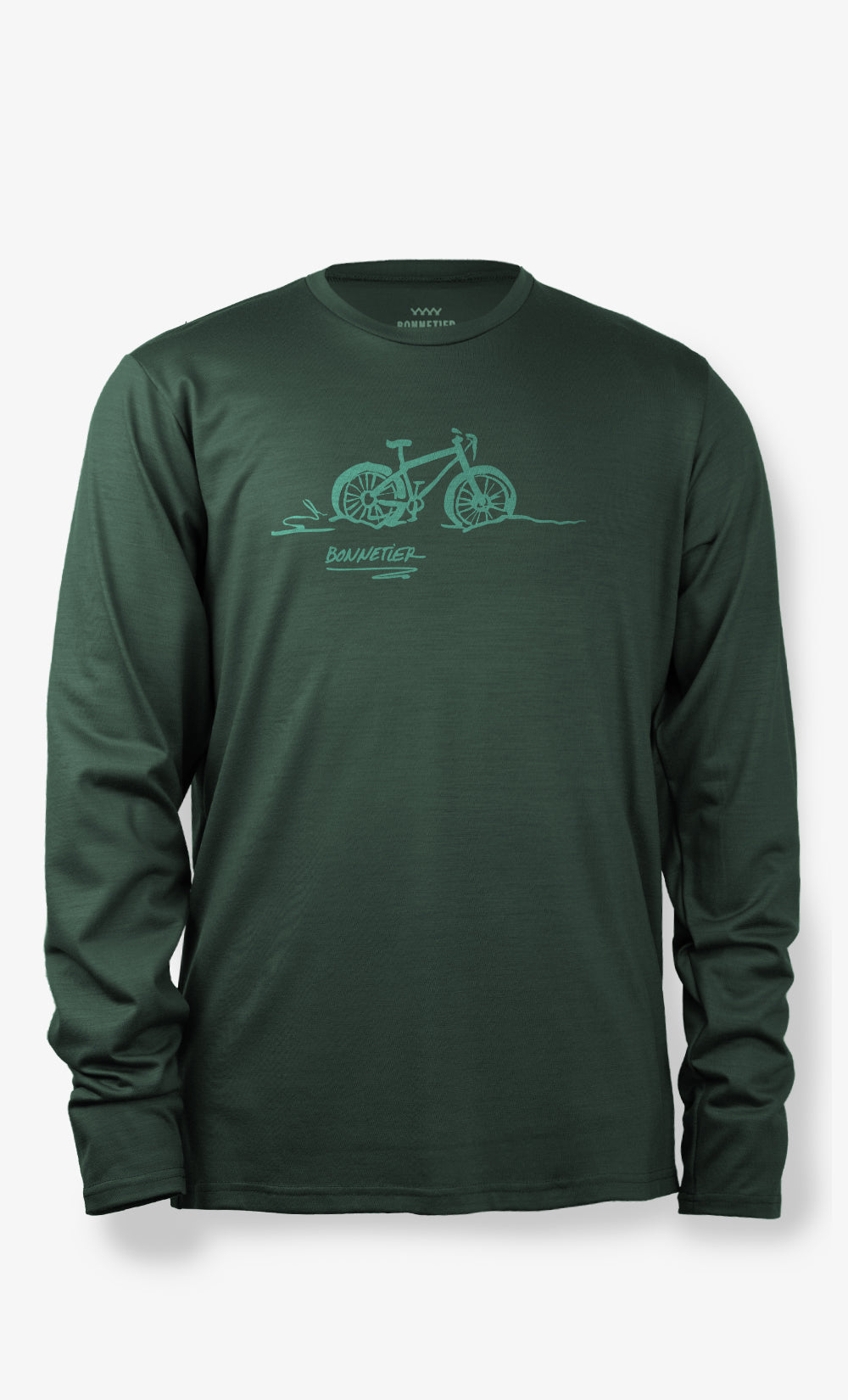 Chandail à manches longues en laine de mérinos BONNETIER vert foncé avec imprimé Fat Ride représentant un vélo, fabriqué au Canada.