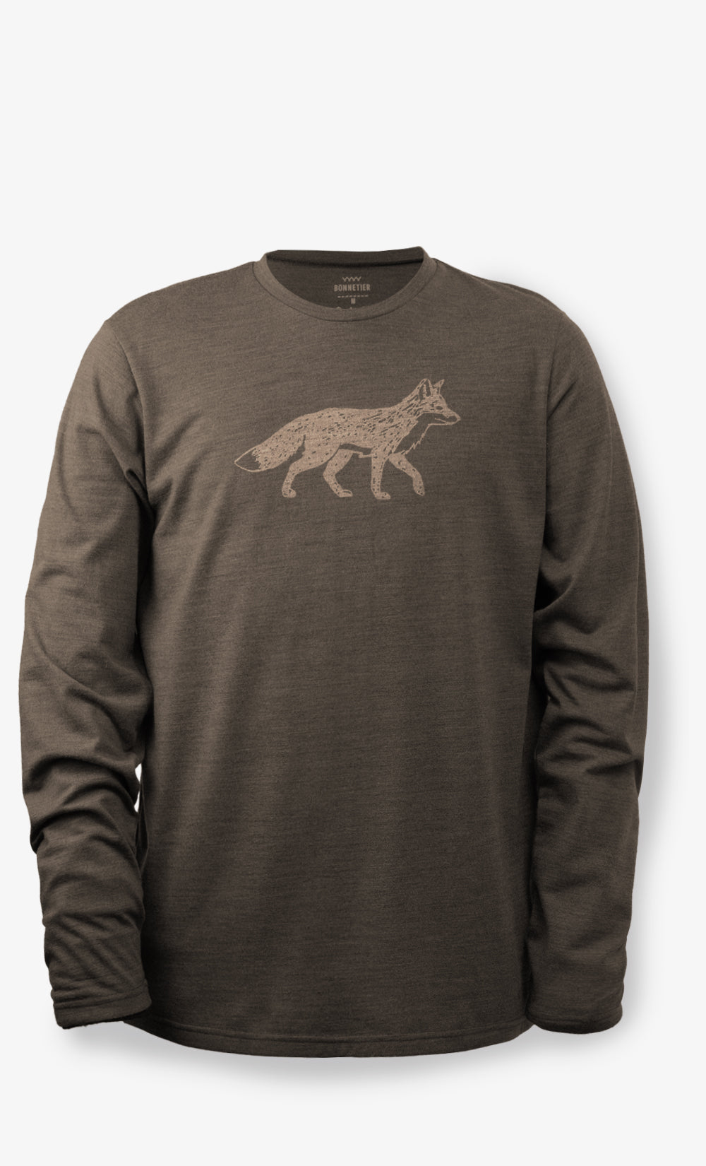 Chandail TechCrew Flanelle en laine mérinos brun pour homme avec imprimé Renard, fabriqué au Canada.