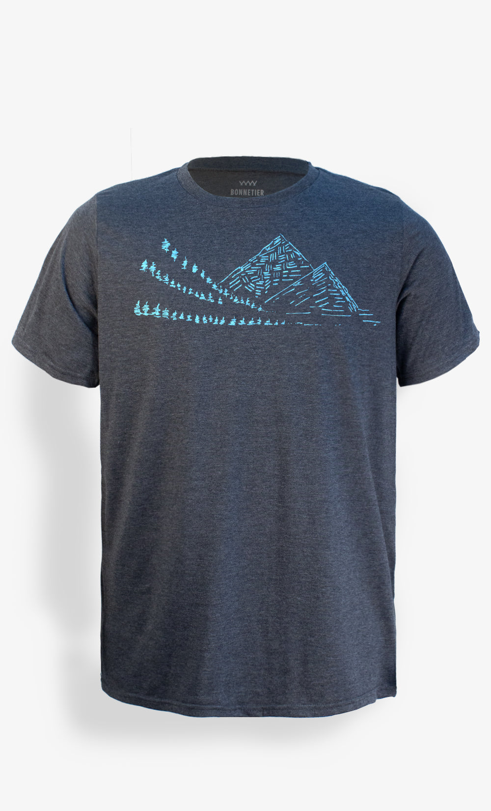 T-shirt All Star charbon pour homme avec imprimé Alpes bleu représentant une chaîne de montagnes, fabriqué au Canada par BONNETIER.