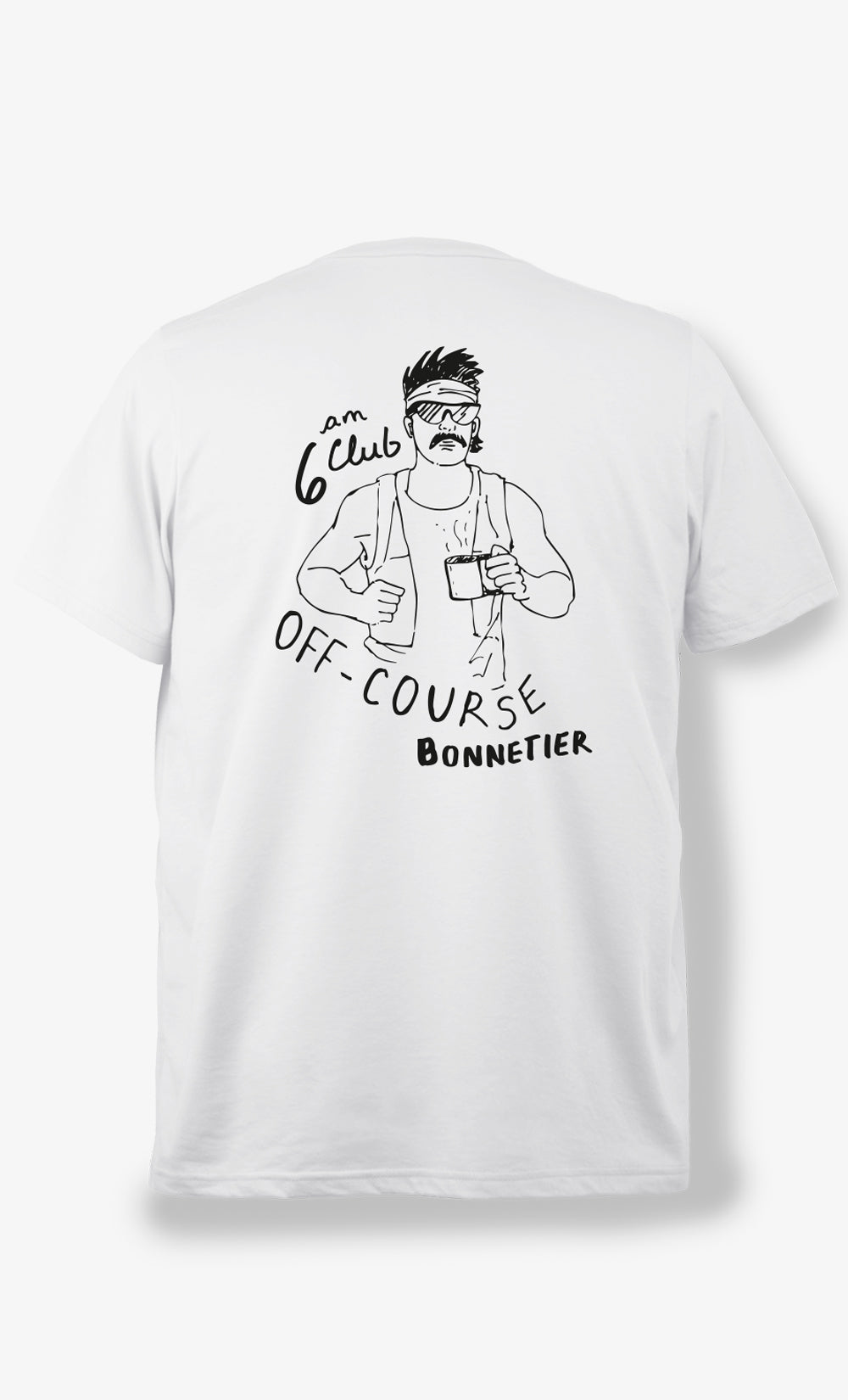 T-shirt homme blanc Bonnetier avec imprimé Off Course au dos en coton biologique et polyester recyclé fabriqué au Canada