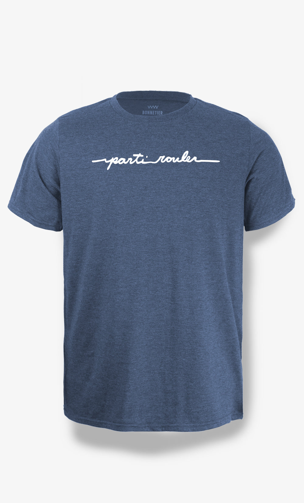 T-shirt bleu chiné Bonnetier avec imprimé Parti Rouler en coton biologique et polyester recyclé fabriqué au Canada.